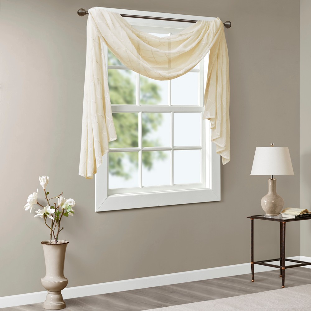 144"x50" Clarissa Diamond Sheer Embroidered Window Scarf Ivory: Madison Park, Geometric Sheer Valance, Machine Washable