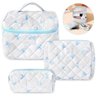 Large Quilted Makeup Bag Set, Cosmetic Bag for Women Girls, Cute Cotton Bow Pattern Travel Toiletry Organizer Bag 3 Set