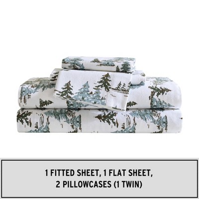 Twin Green Cotton Flannel Sheet Set with Snowy Pine Trees Print