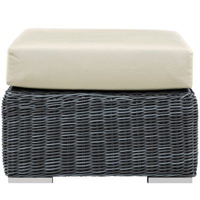 Canvas Antique Beige Sunbrella Outdoor Patio Ottoman with Rattan Weave