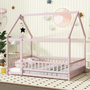 GDFStudio Kent Rubber Wooden Montessori Floor Bed with Guardrails - 1 of 4
