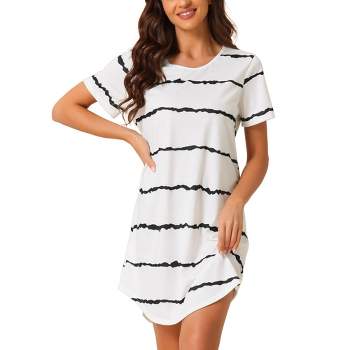 cheibear Women's Round Neck Nightshirt Striped Short Sleeve Sleepshirt Nightgown