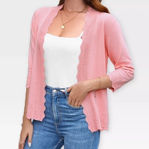 Womens Lightweight Sweater Cardigan 3/4 Sleeve Open Front Cardigan Birdeye Knit Wavy Trim Cardigan Breathable Soft Sweater - 1 of 4