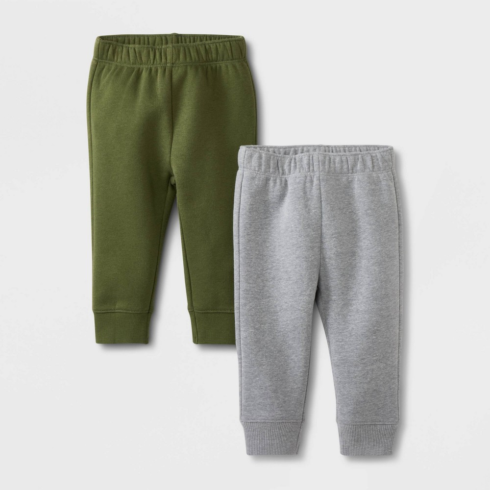 Baby Boys' 2pk Fleece Jogger Pants - Cat & Jack Olive Green/Gray 0-3M