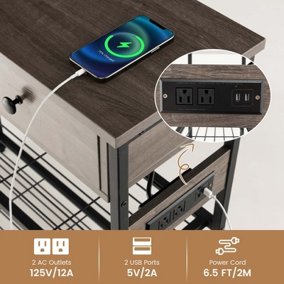 Grey Oak and Black Metal Console Table with Storage and Charging Station