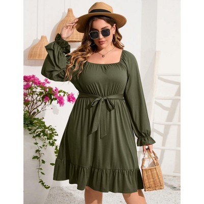 YesFashion Women's Casual Plus Size Square Neck Dress Short Sleeve Dress High Waist Ruffle Summer Midi Dress with Belt