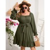 WhizMax Women's plus size Dress Casual Square Neck Dress Puff Long Sleeve Dresses High Waist Ruffle Midi Dress with Belt - 3 of 4