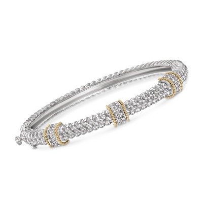 Ross-Simons 0.11 ct. t.w. Diamond Station Bangle Bracelet in Sterling Silver and 14kt Yellow Gold