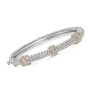 Ross-Simons 0.11 ct. t.w. Diamond Station Bangle Bracelet in Sterling Silver and 14kt Yellow Gold - 1 of 4