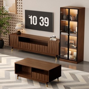 ATJafurn 3-Piece Entertainment Center, Mid-Century Modern Living Room Furniture Wood TV Stand and Coffee Table Set with Glass Display Cabinet - 1 of 4