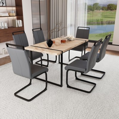 NicBex Dining Room Table Set for 6 Morden Dining Table Set with Oak MDF Tabletop, Metal Legs and 6 PU Chairs for Home Office