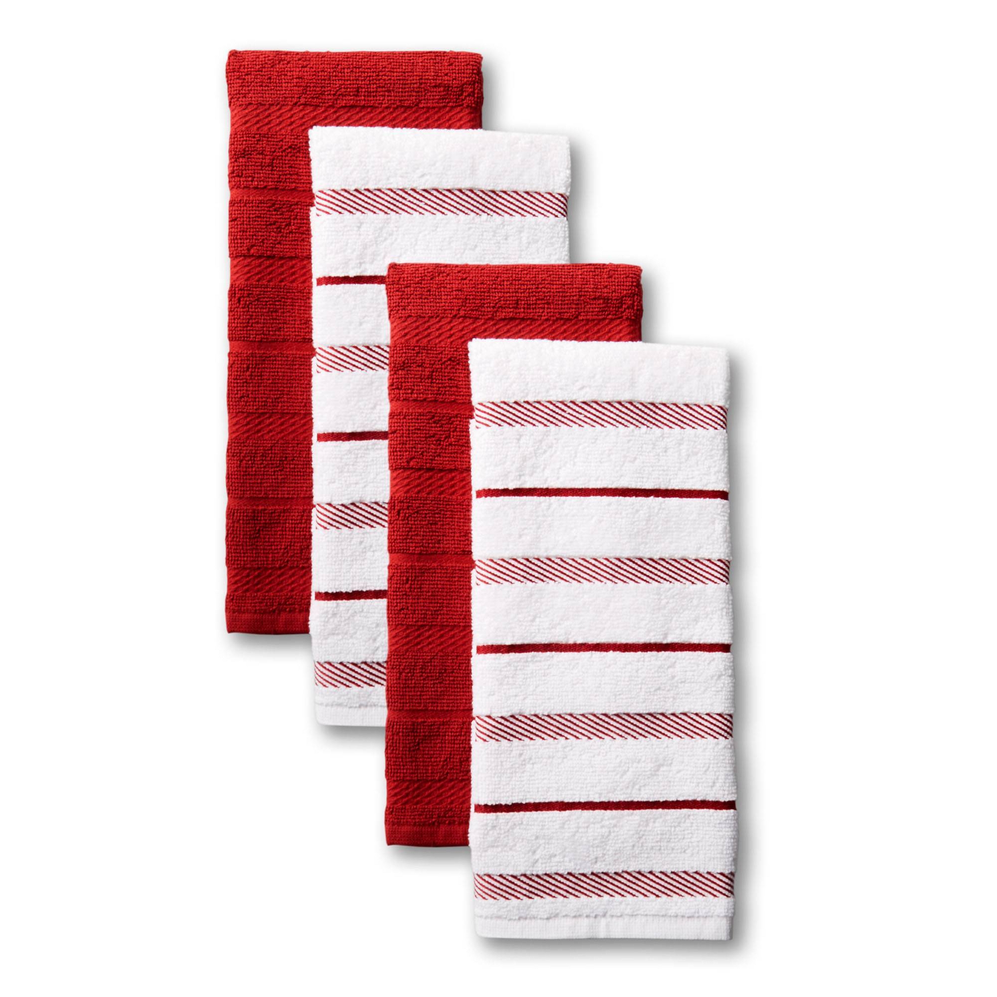 KitchenAid 4pk Cotton Albany Kitchen Towels Red: Classic Stripe Kitchen Hand Towels Set, 26"x16"