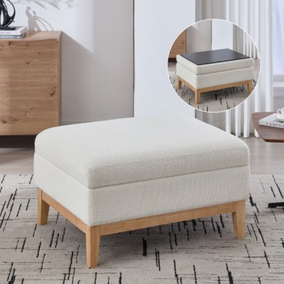 Syemin Ottomans and Benches Upholstered Wood Storage Ottoman with Reversible Lid Coffee Table, Foot Stool Square Footrest, Beige, 33.86"*26"*19.7"
