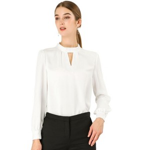 INSPIRE CHIC Women's Office Keyhole Elegant Stand Collar Long Sleeve Back Neck Button Blouse - 1 of 4