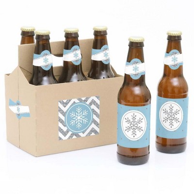 Big Dot of Happiness Winter Wonderland - Snowflake Holiday Party & Winter Wedding Decor for Women & Men - 6 Beer Bottle Label Stickers & 1 Carrier