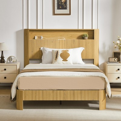 GDFStudio Damien Rustic Wooden Bed with Storage Headboard and Built-In Charging Station