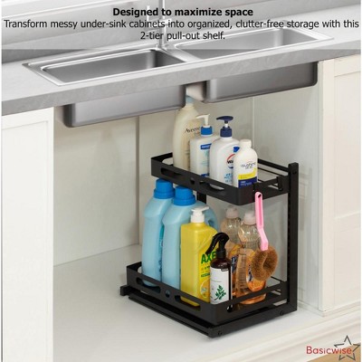 Basicwise Adjustable Height Under Sink Pull-Out Organizer 2-Tier Sliding Shelf Rack Heavy-Duty Mesh Baskets for Kitchen — фото 6