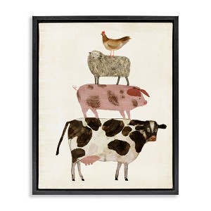 Stupell Industries Barnyard Buds Stacked Animals Floating Frame Canvas Art, Black, 17" x 21" - 1 of 4