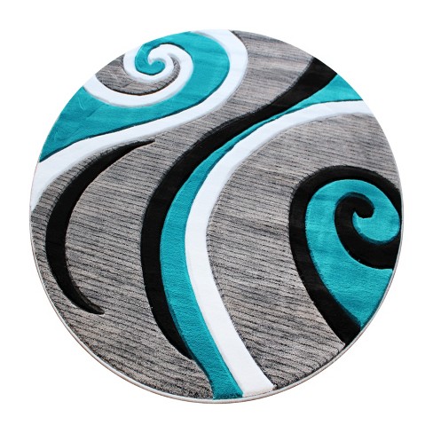 Emma and Oliver 5x5 Round Accent Rug with Modern 3D Sculpted Swirl Pattern and Varied Texture Piling in Turquoise, Black, White & Gray