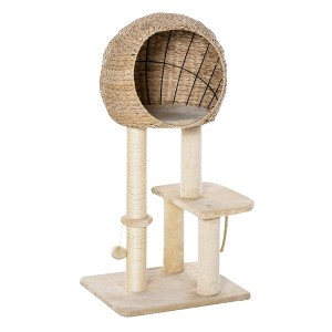 PawHut Cat Tree with Sisal Scratching Post Condo and Hanging Rope 44.5" H, Beige - 1 of 4