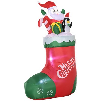Outsunny 5ft Christmas Inflatables Outdoor Decorations Santa and Penguin Standing in Sock with Candy Cane Gift Box, Blow-Up LED Yard Christmas Decor