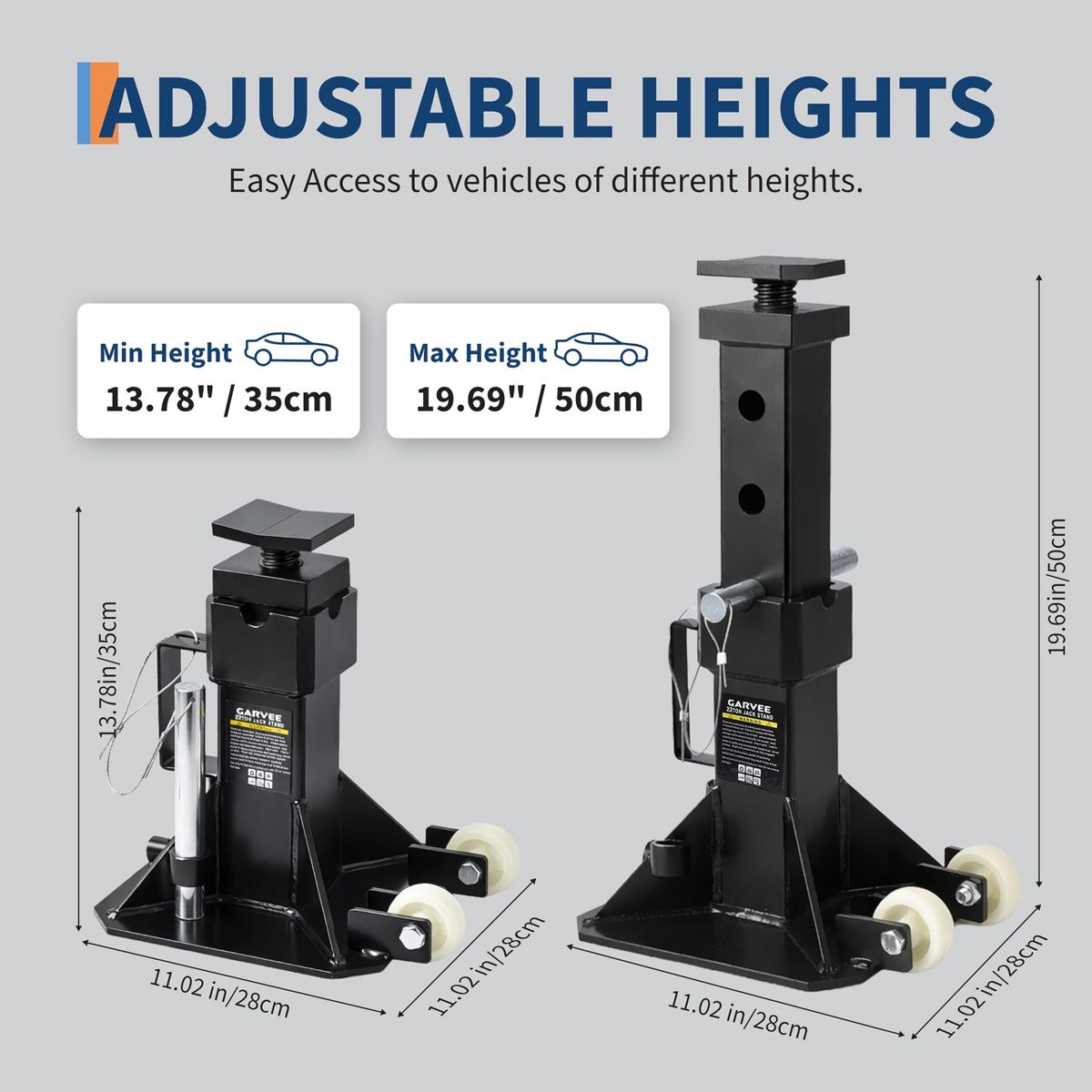 22 Ton Pin Type Jack Stands with Lock & Wheels, 1 Pair Heavy Duty Safety Support Stand with Wide Base, Adjustable 13.8"-19.7" for Heavy Truck Trailer - thumbnail 4