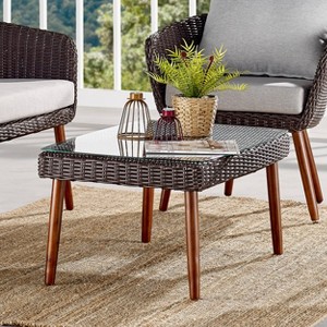 All-Weather Wicker Athens Outdoor Coffee Table with Glass Top Brown - Alaterre Furniture: Weather-Resistant, Aluminum Frame - 1 of 4