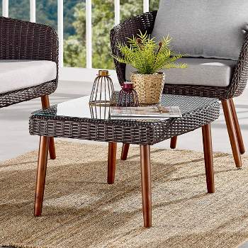 All-Weather Wicker Athens Outdoor Coffee Table with Glass Top Brown - Alaterre Furniture
