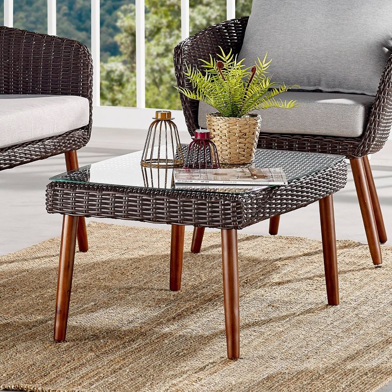 All-Weather Wicker Athens Outdoor Coffee Table with Glass Top Brown - Alaterre Furniture, 1 of 13