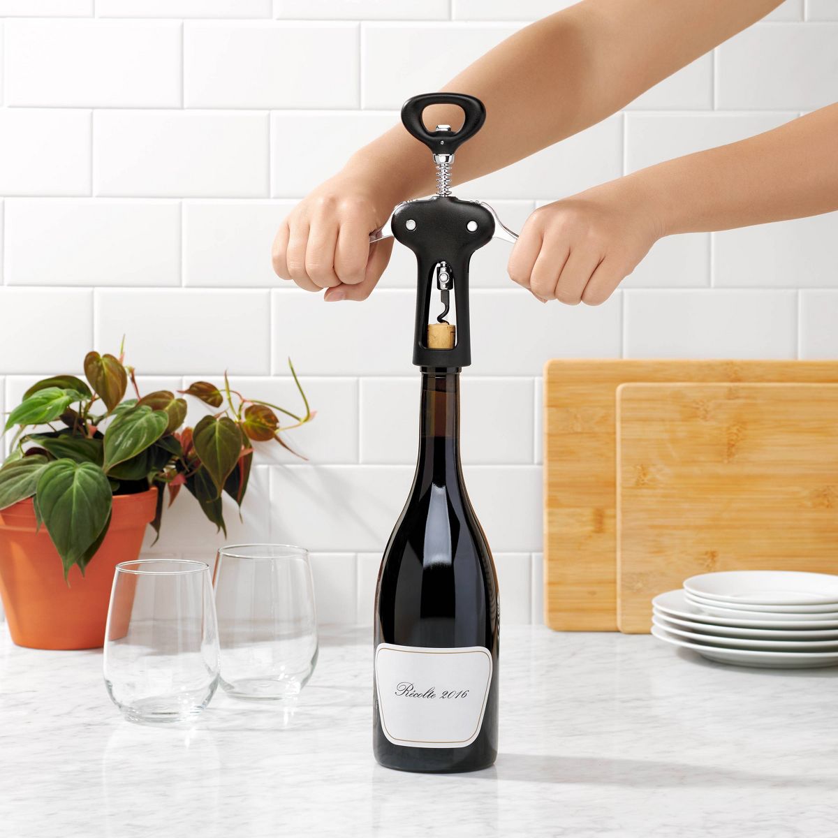 OXO All In One Winged Corkscrew: Manual Zinc Wine Bottle Opener, Hand Wash, Black - thumbnail 2