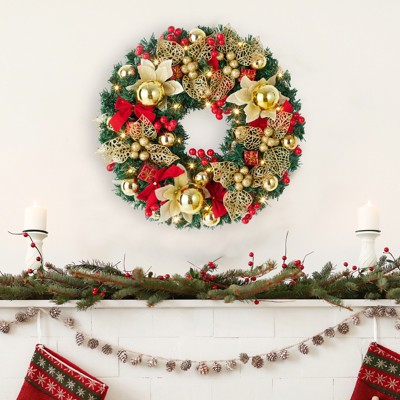 18 Inch Pre-Lit Christmas Wreath with Lights, Balls, Berries, Bow Knots, Red+Gold for Front Door Wall Windows