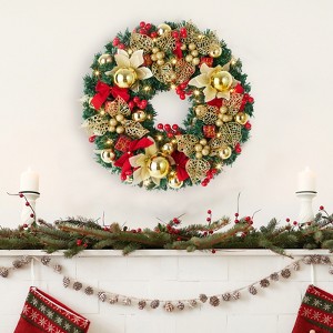 18 Inch Pre-Lit Christmas Wreath with Lights, Balls, Berries, Bow Knots, Red+Gold for Front Door Wall Windows - 1 of 4