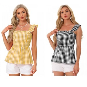 INSPIRE CHIC Women's Summer Square Neck Sleeveless Plaid Gingham Peplum Top 2 Packs - 1 of 4
