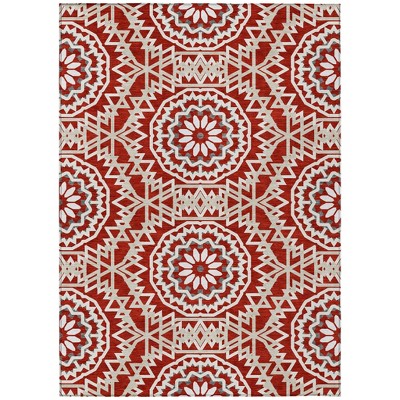 Red Beige And Ivory Floral Medallion Washable Indoor Outdoor Area Rug