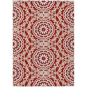 Red Beige And Ivory Floral Medallion Washable Indoor Outdoor Area Rug - 1 of 4