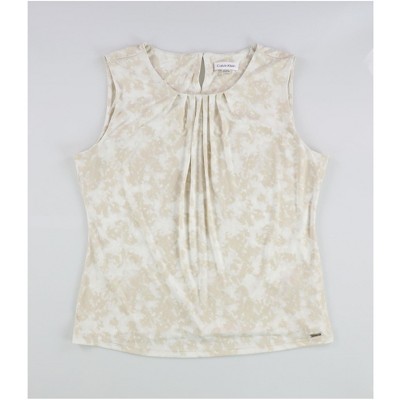 Calvin Klein Womens Printed Pleat Neck Sleeveless Tank Top, Beige, X-Large