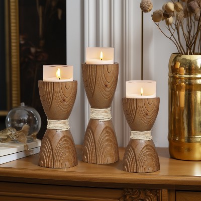 Rustic Pine Wood and Rattan Pillar Candle Holder Set