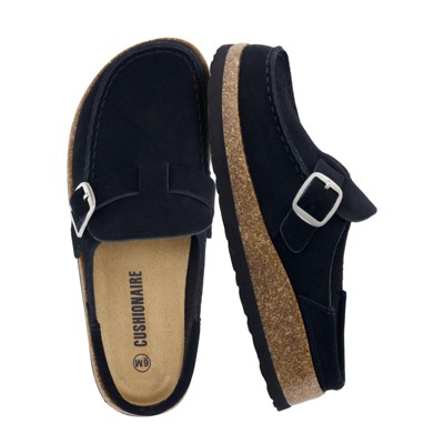 CUSHIONAIRE Women's Hobby Genuine Leather Cork Footbed Clog with Comfort, Arch Support, Buckle Strap, Slip-On Mules