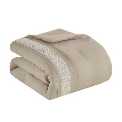 Taupe Queen Microfiber Comforter Set with Lace Trim