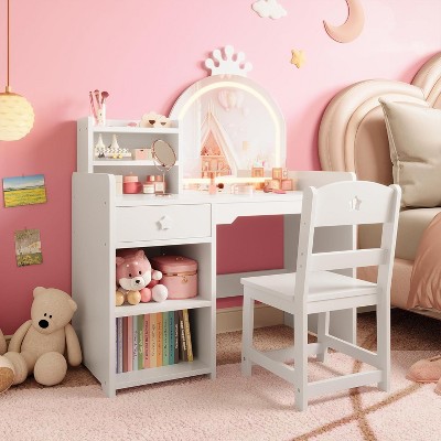 Kids Vanity with Lighted Mirror, 2 in 1 Princess Vanity Set Toddler Vanity Table & Chair Set with Open Bookshelf, Storage Cabinet & Shelves