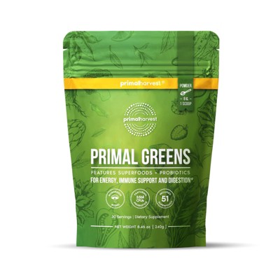 Primal Harvest Super Greens Powder, w/+50 Greens Superfood Chlorella, Probiotics, Green Tea, Wheatgrass, Kale, Turmeric for Energy