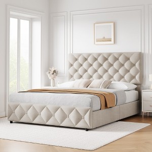 Whizmax Queen size Bed Frame with 4 Storage Drawers and Headboard, Linen Upholstered Bed Frame with Wooden Slats Support,  No Box Spring Needed - 1 of 4