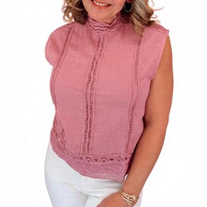 Women's High Neck Lace Trim Top - umgee - 1 of 3