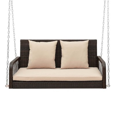 Mix Brown Wicker 2-Person Hanging Loveseat with Beige Cushions