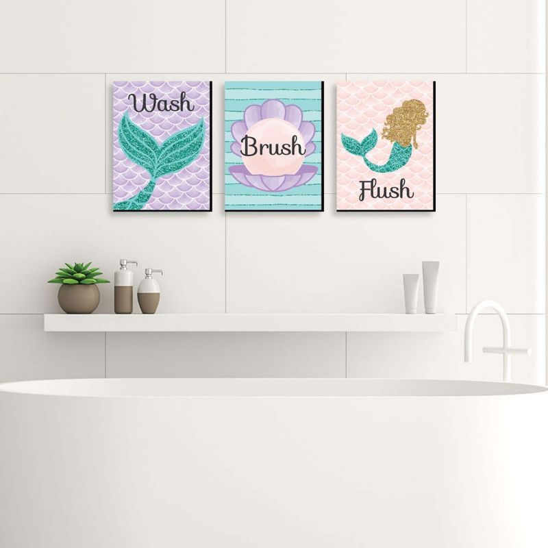 Big Dot of Happiness Let's Be Mermaids - Kids Bathroom Rules Wall Art - 7.5 x 10 inches - Set of 3 Signs - Wash, Brush, Flush, 3 of 9