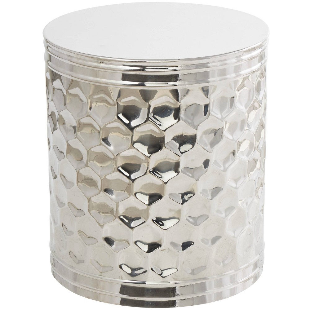 Olivia & May Stainless Steel Geometric Drum Accent Table with Hexagon Patterned Exterior Silver