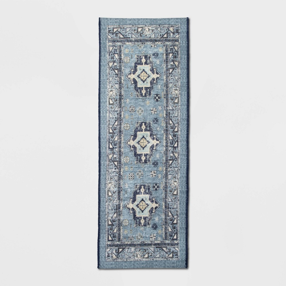 60in x 22in Vintage Persian Medallion Kitchen Runner Rug Blue - Threshold
