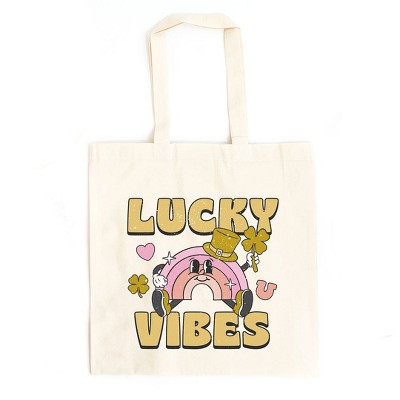 City Creek Prints Lucky Vibes Cartoon Rainbow Canvas Tote Bag - 15x16 - Natural