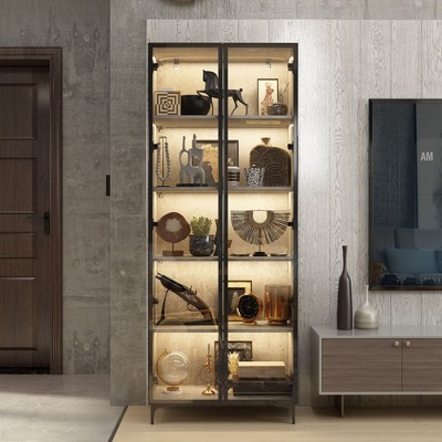 FUFU&GAGA Multi-compartments Gray Stoneware Display Cabinet with Glass Doors