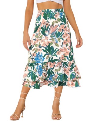 INSPIRE CHIC Women's Chiffon Elastic Waist Ruffle Tiered Flowy Midi Floral Printed Skirts